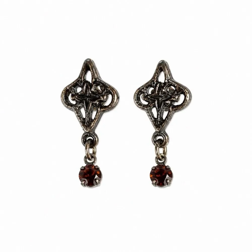 Vintage Mid Century Amber Rhinestone Silver Tone Filigree Dangle Earrings 1950s